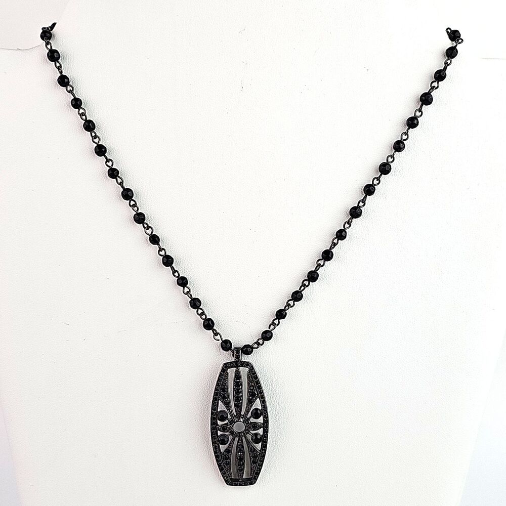 Vintage Monet Black Rhinestone Necklace Bead Rectangle Pendant Silver Tone 18 in